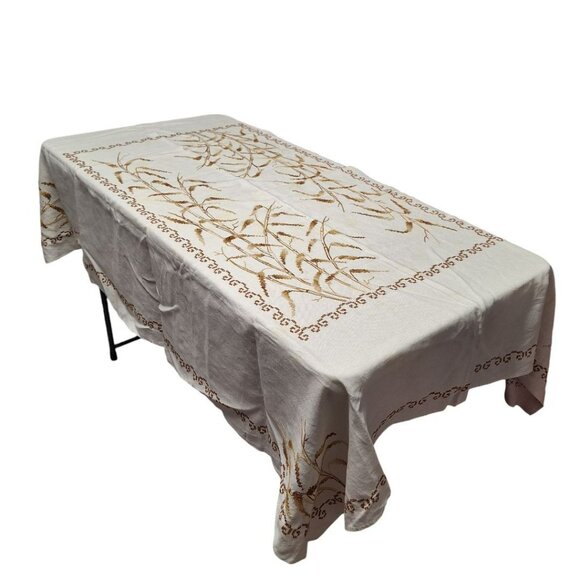 Vintage Wheat Crosstitch Tablecloth Linen Brown Fall 68 x 40 - Picture 8 of 8